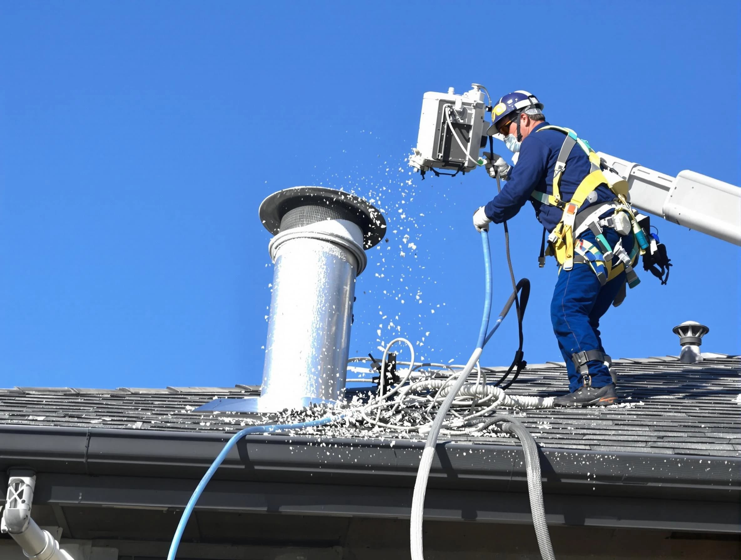 Four Square Mile Dryer Vent Cleaning certified technician safely cleaning a roof-mounted dryer vent in Four Square Mile