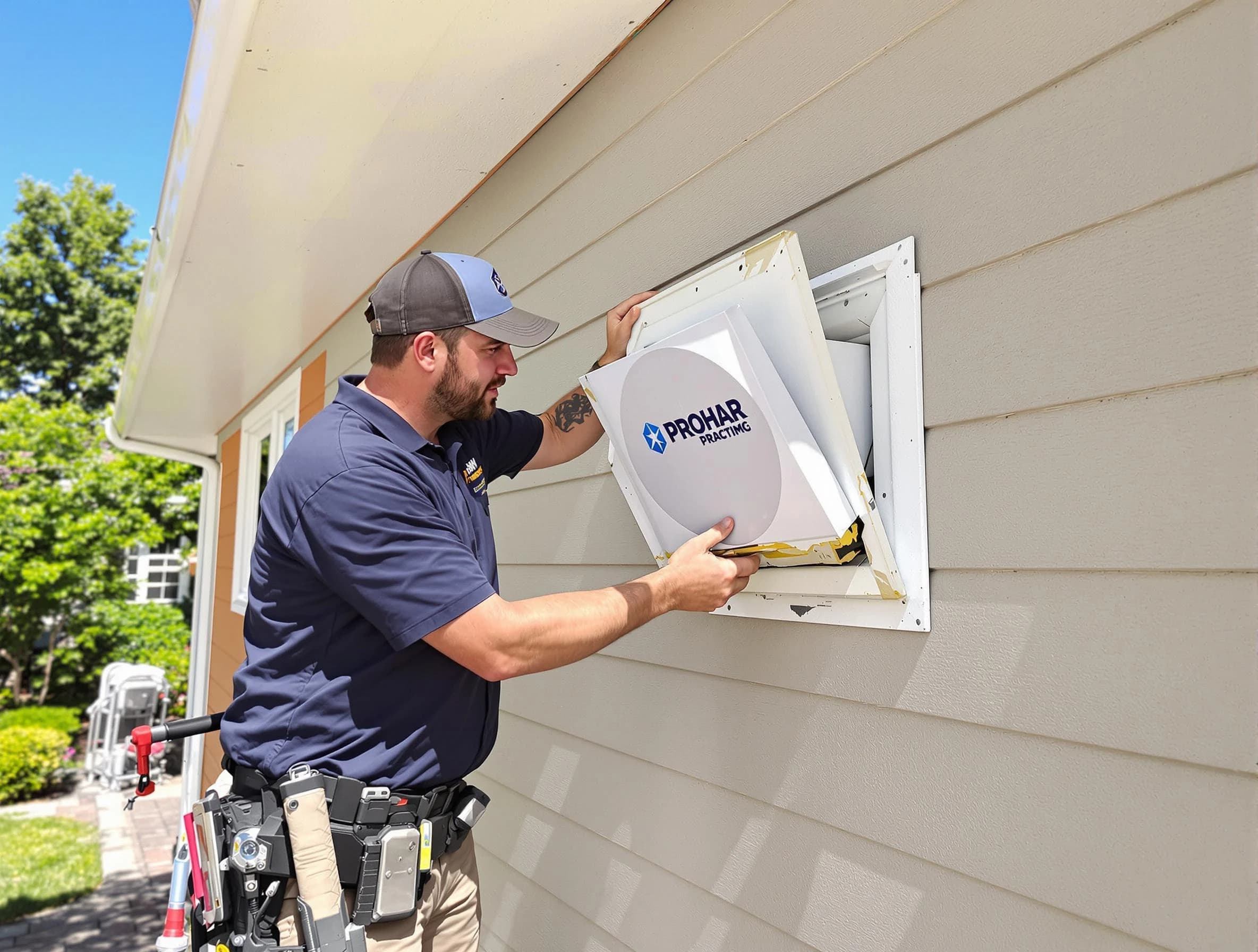Four Square Mile Dryer Vent Cleaning technician installing a new protective dryer vent cover on a home in Four Square Mile