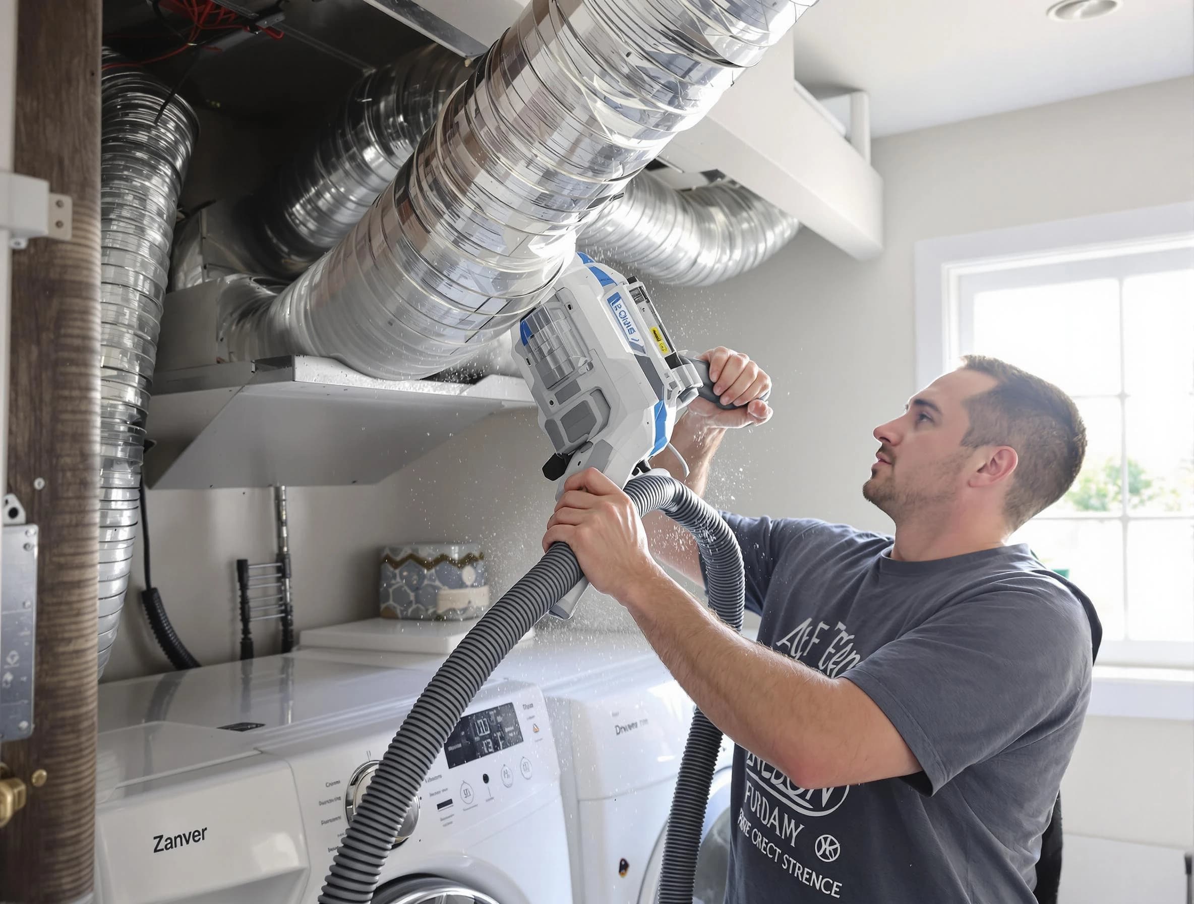 Four Square Mile Dryer Vent Cleaning specialist cleaning deep within a dryer vent duct system in Four Square Mile