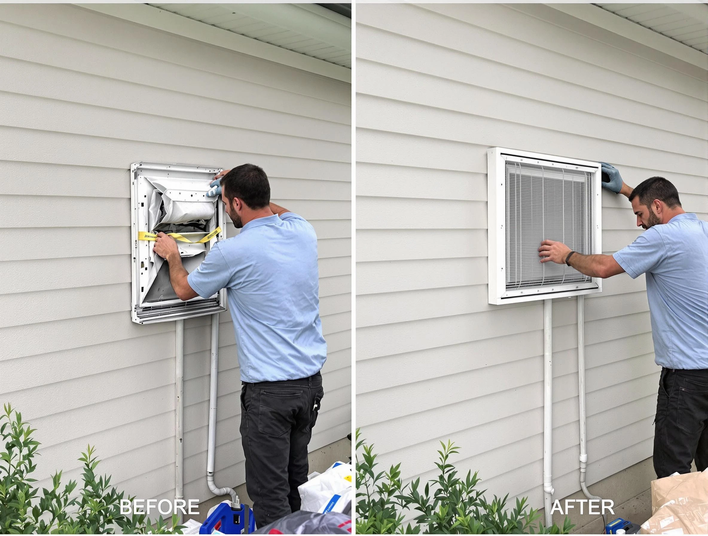 Four Square Mile Dryer Vent Cleaning technician installing high-quality dryer vent cover at a residential property in Four Square Mile